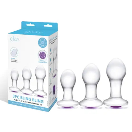 Glas 3-Piece Bling Bling Glass with Purple Gem Base Anal Training Kit - Clear - Butt Plug