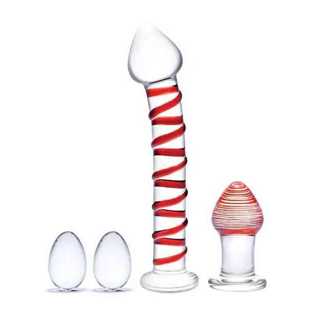 Glas 4-Piece Mr. Swirly Set with Glass Kegel Balls and 3.25 in. Buttplug - Double Ended Dildo