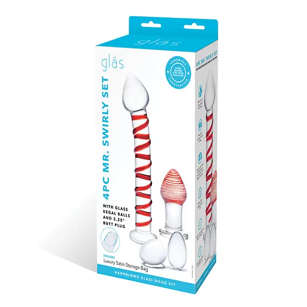 Glas 4-Piece Mr. Swirly Set with Glass Kegel Balls and 3.25 in. Buttplug - Double Ended Dildo