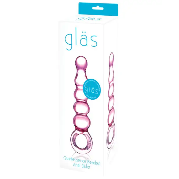 Quintessence beaded anal slider glass toy in packaging with ring handle