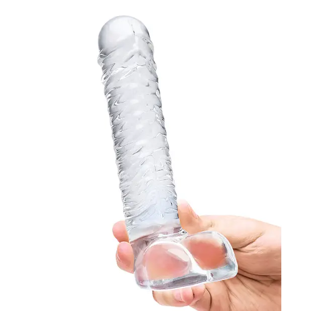 Glas 8 in. Realistic Ribbed Glass G-Spot Dildo with Balls - Realistic Dildo