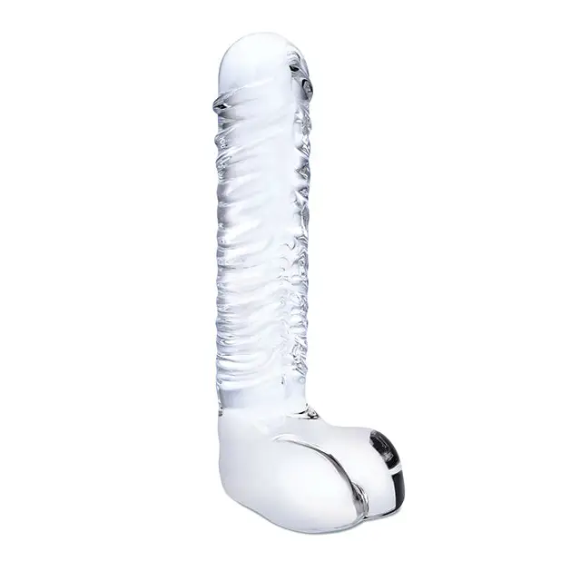 Glas 8 in. Realistic Ribbed Glass G-Spot Dildo with Balls - Realistic Dildo