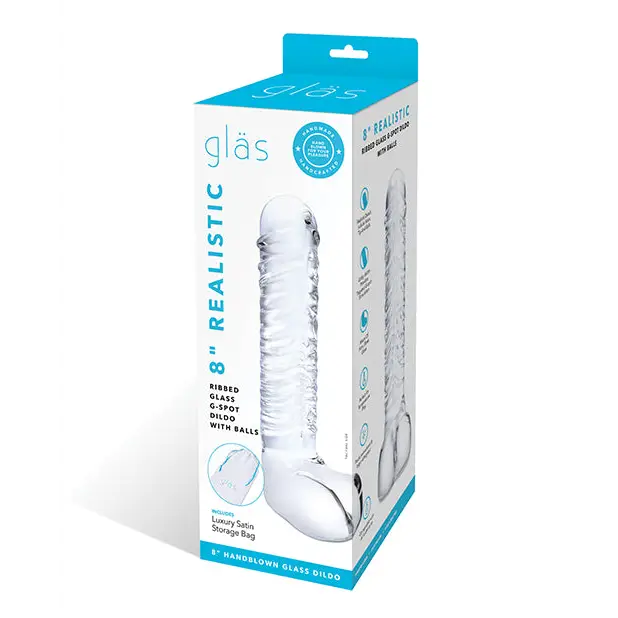 Glas 8 in. Realistic Ribbed Glass G-Spot Dildo with Balls - Realistic Dildo