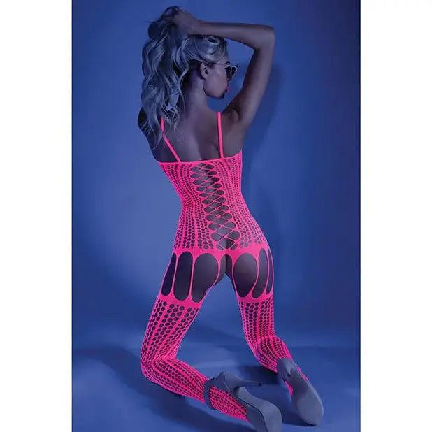 Fantasy Lingerie Bodystocking Glow 'Hypnotic' Black Light Criss Cross Paneled Bodystocking by Fantasy Lingerie at the Haus of Shag