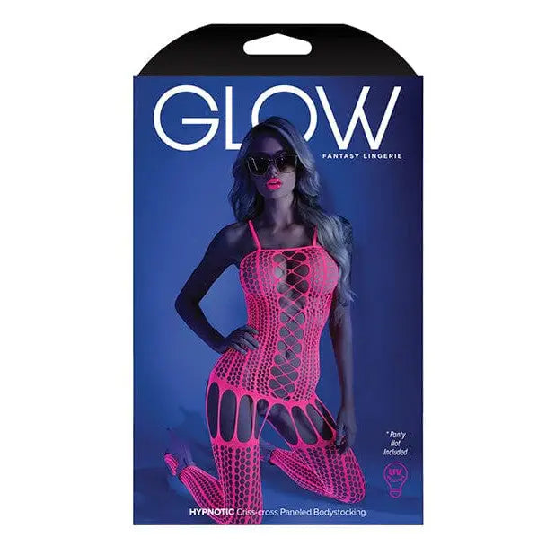 Bright pink fishnet bodystocking with cutout details and black light criss cross design