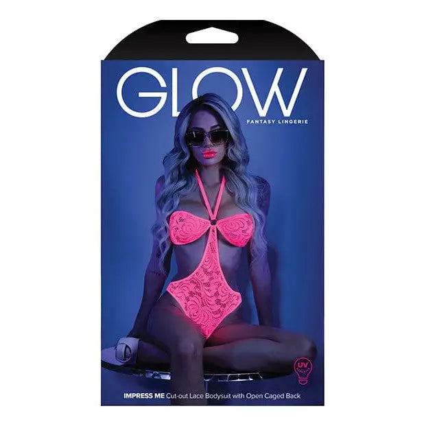 Packaging for ’Glow Impress Me’ black light halter bodysuit with a neon pink lace design