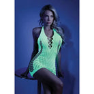 Neon green net halter dress - ’Shock Value’ by Fantasy Lingerie with intricate cutout patterns