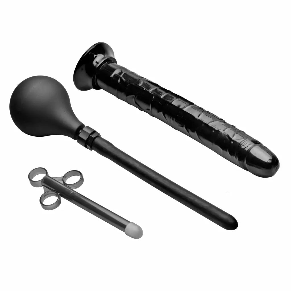 Black medical tools from Go Deep Anal Cleansing Kit for deep anal cleansing, enema bulb use