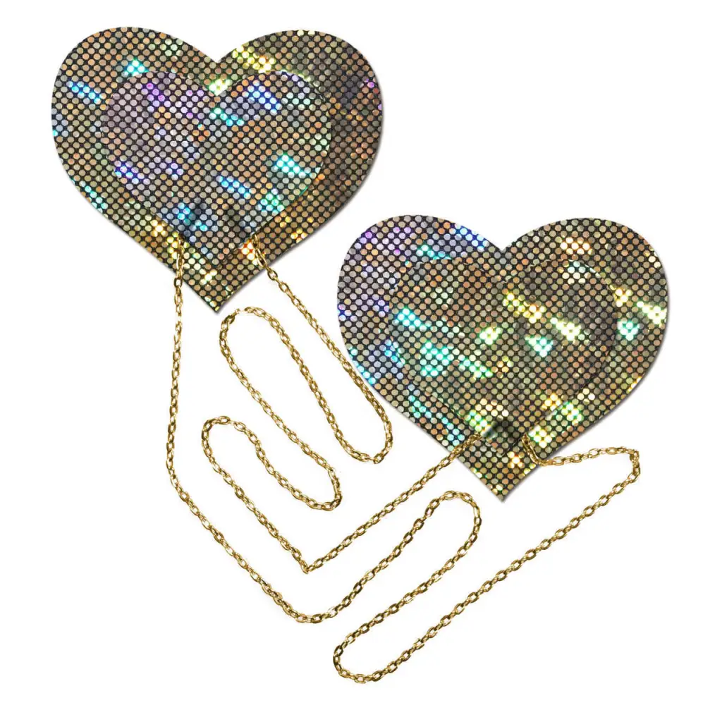 Gold Shattered Disco Ball Heart W/ Gold Chains Pasties - Pasties