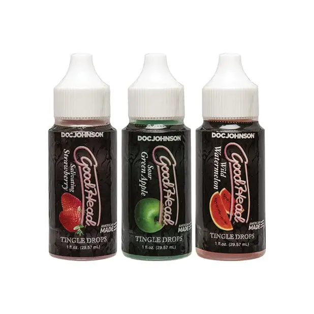 Good Head Tingle Drops: Three bottles with white caps and a green apple