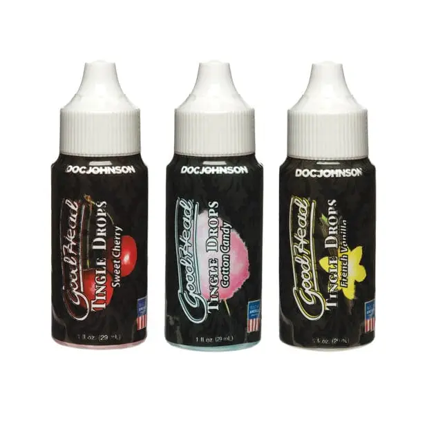 Three bottles of Good Head Tingle Drops in assorted flavors for an enhanced experience