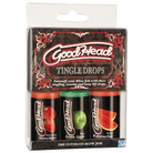 Two bottles of Good Head Tingle Drops with green and red drink flavors