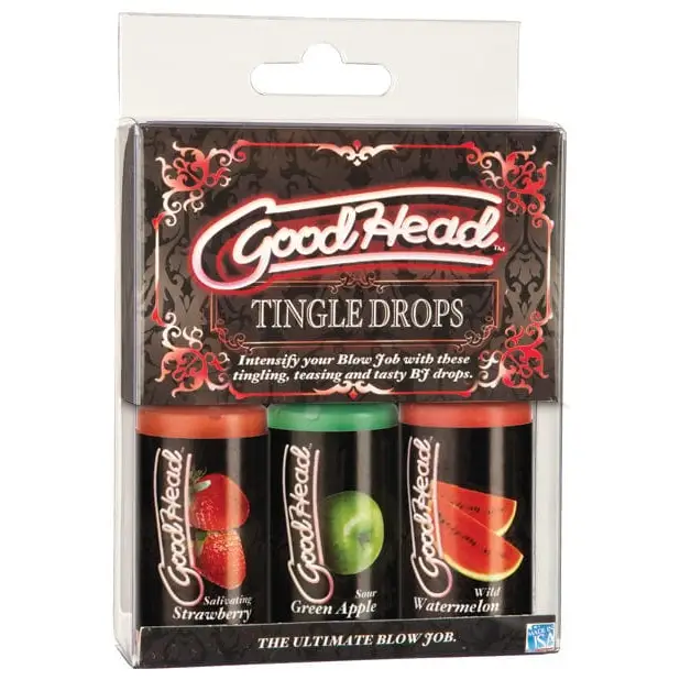 Two bottles of Good Head Tingle Drops with green and red drink flavors