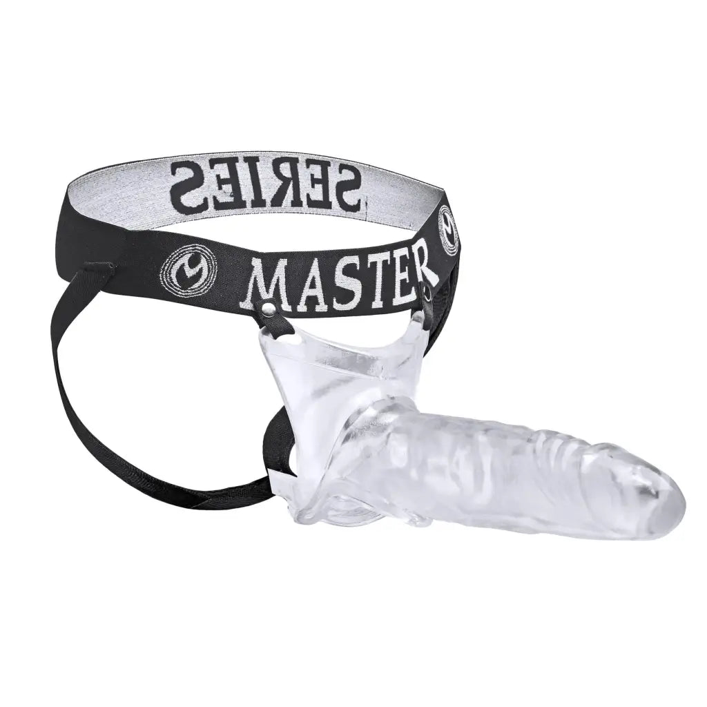 Mamba XL Jock Style Cock Sheath with clear plastic male chastity cage and ’MASTER’ strap