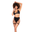 Halter Tie Top & High Waisted Bottom W/attachable Garters Black - L/xl - Lingerie Set