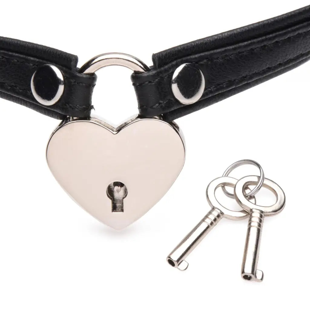 Heart lock leather choker with heart-shaped padlock, black strap, and keys