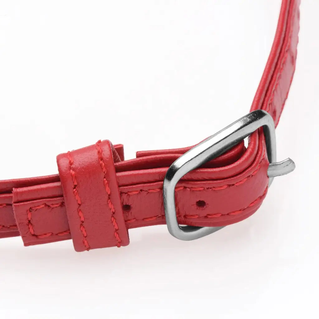 Red leather belt with silver buckle, featured in Heart Lock Leather Choker With Lock And Key