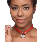 Red heart lock leather choker with lock pendant and keys worn by the user