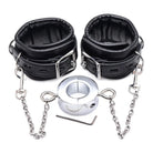 Hells Tether Ball Stretcher Humbler: Black leather bondage cuffs and metal chains