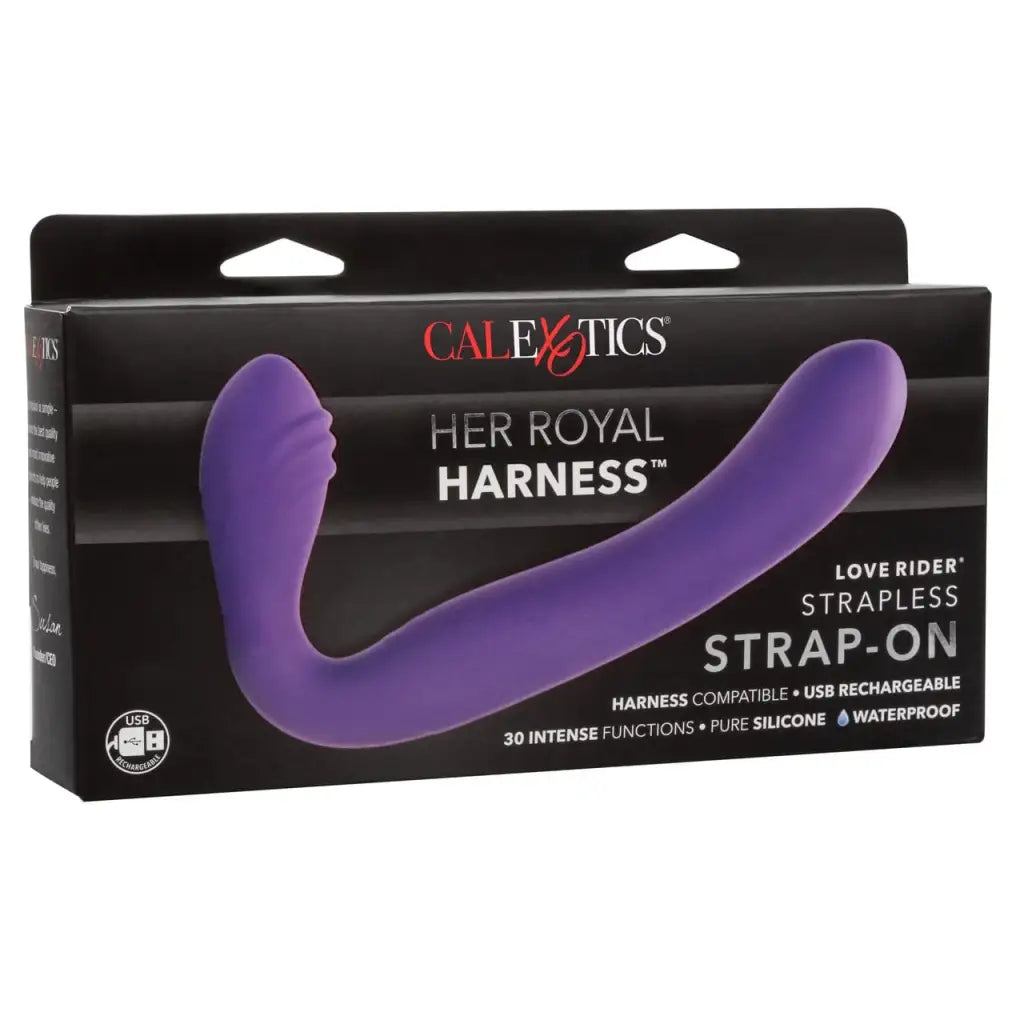 Her Royal Harness Love Rider Strapless Strap-On by CalExotics in retail packaging