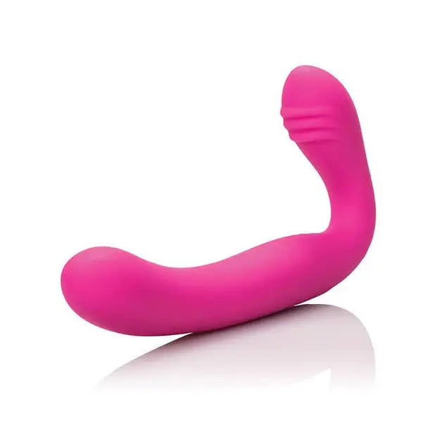 Bright pink curved silicone Love Rider Strapless Strap-On by CalExotics