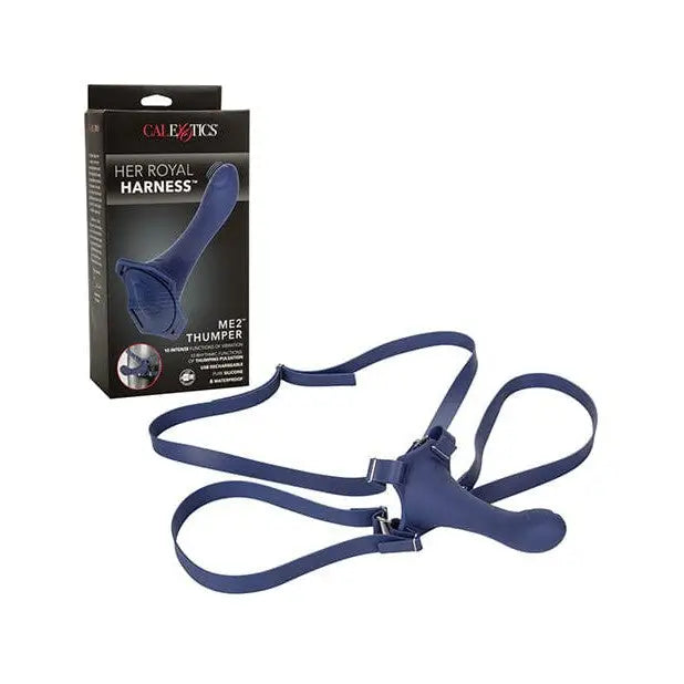 Blue strap-on harness with dildo from Royal Harness Me2 Thumper with product packaging