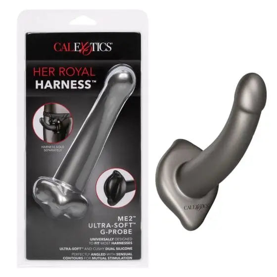 Curved, metallic gray sex toy with harness - Her Royal Harness Me2 Ult Soft G Probe