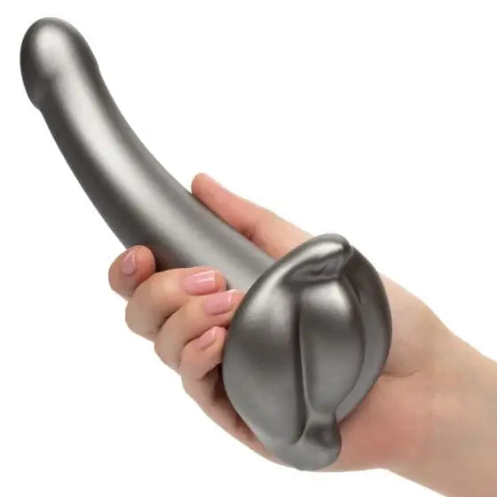 Hand holding Metallic silver sex toy from Her Royal Harness Me2 Ult Soft G Probe collection