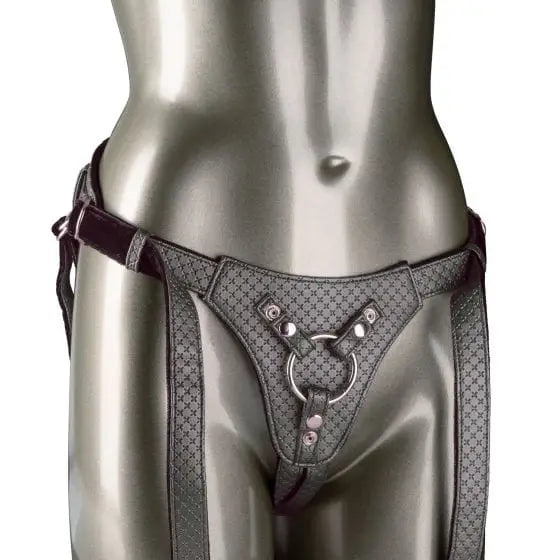 Woman wearing silver and black leather panty in Her Royal Harness Regal Queen Strap On