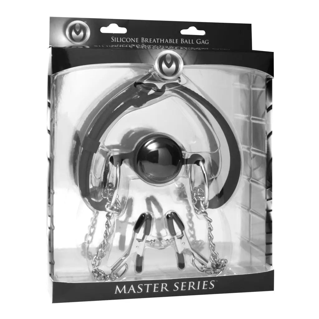 Master Series Ball Gag Hinder Breathable Silicone Ball Gag With Nipple Clamps at the Haus of Shag