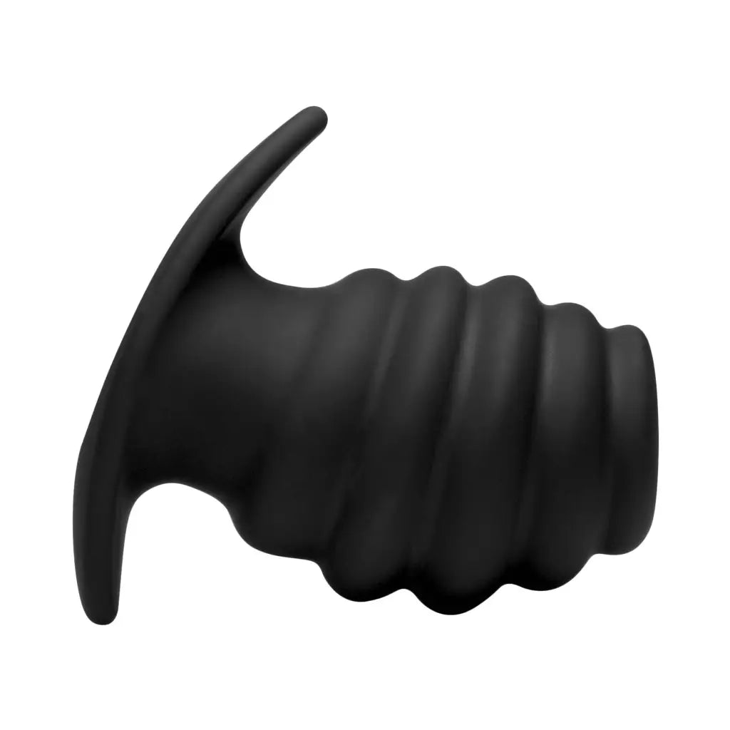 Black plastic cat-shaped object from Hive Ass Tunnel Silicone Ribbed Hollow Anal Plug