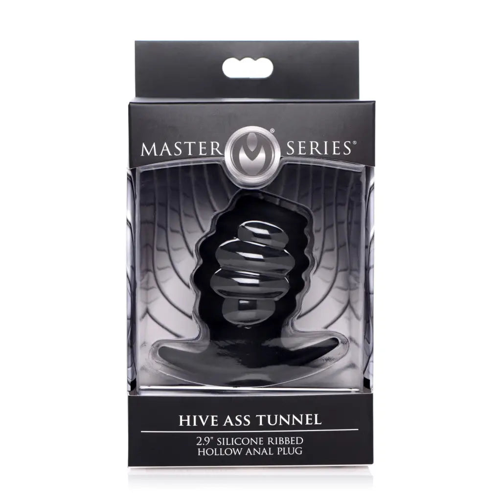 Close-up of Hive Ass Tunnel Silicone Ribbed Hollow Anal Plug in black and white packaging