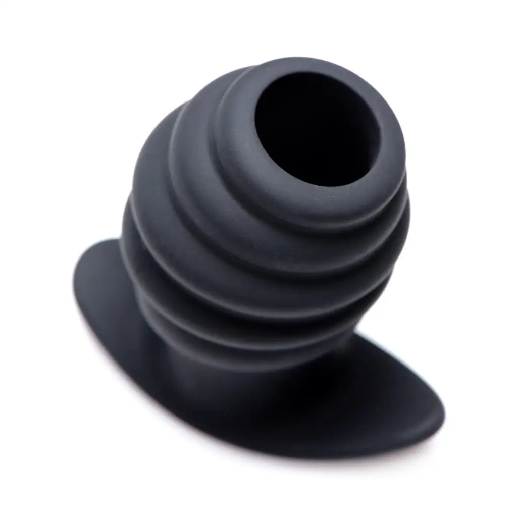 Hive Ass Tunnel Silicone Ribbed Hollow Anal Plug - Black Rubber on White Background