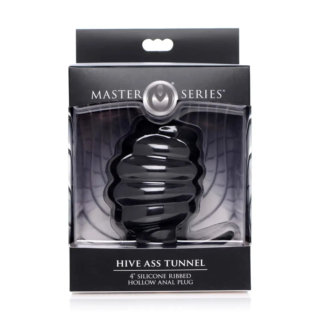 Close-up of Hive Ass Tunnel Silicone Ribbed Hollow Anal Plug in packaging