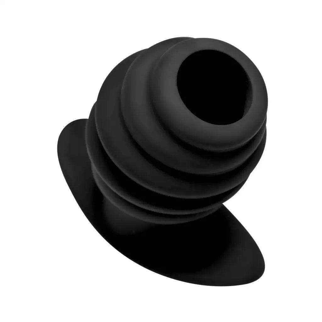 Hive Ass Tunnel: Black Silicone Ribbed Hollow Anal Plug with White Background