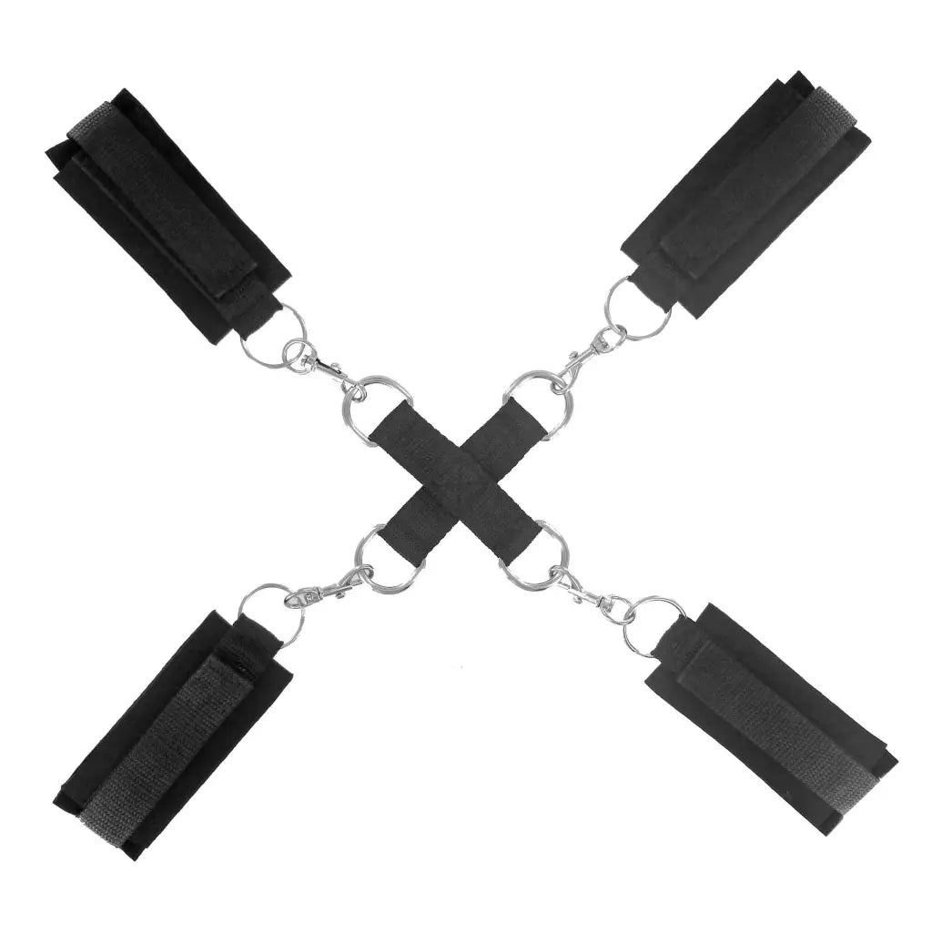 Hog Tie Bondage Kit with black cuffs and metal rings for secure and versatile play