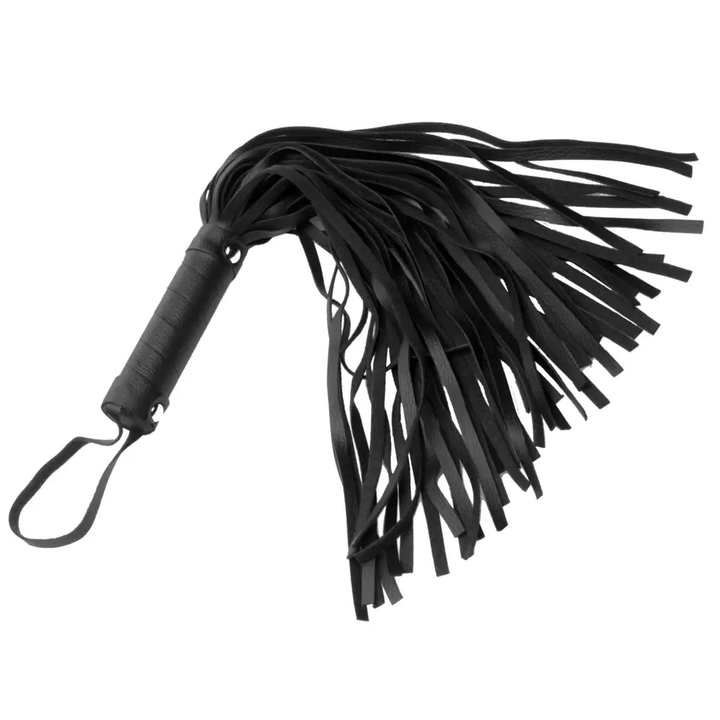 Black leather flogger with multiple tails in Hog Tie Bondage Kit With Sensation Toys