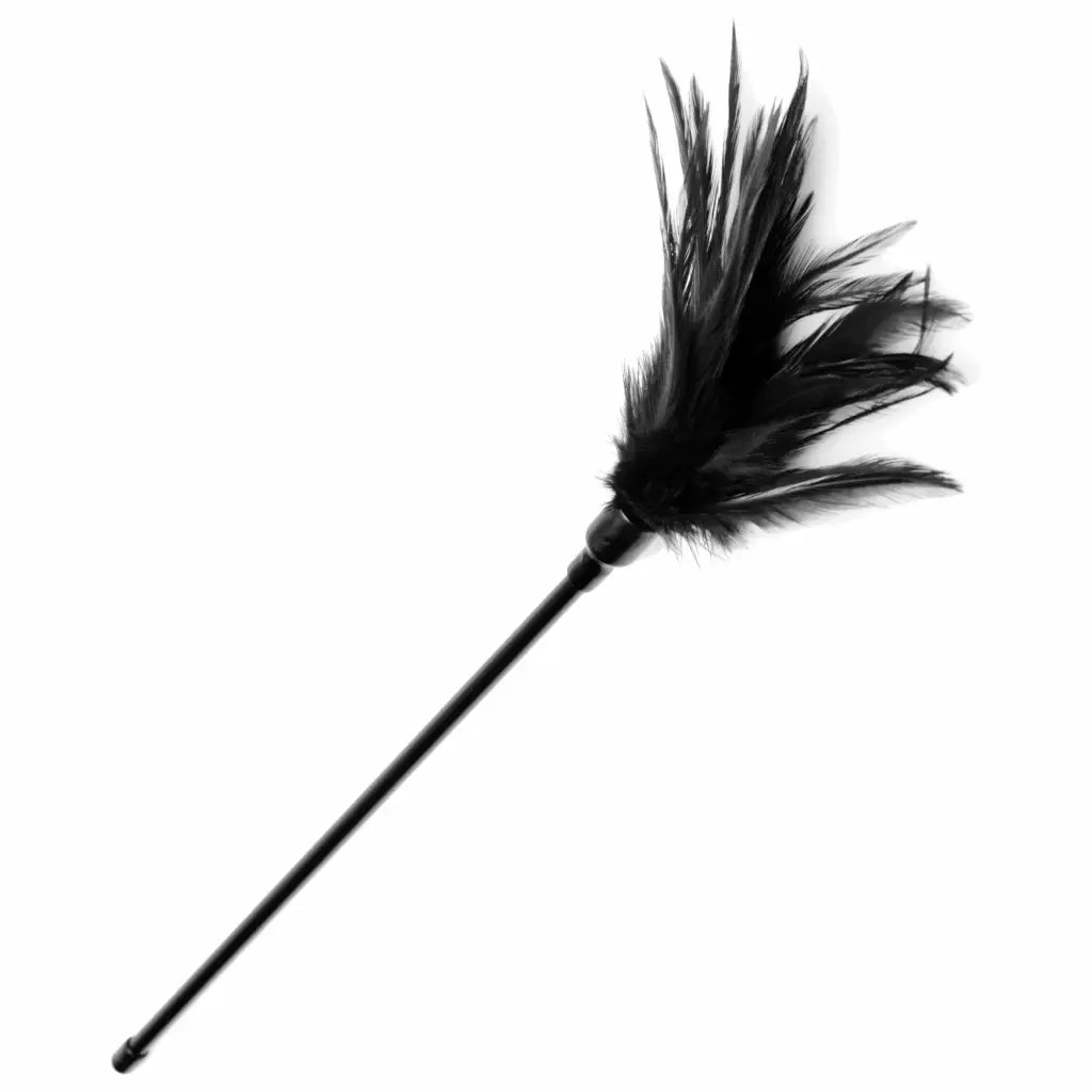 Hog tie bondage kit feather duster with long black handle and dark plumes for sensation play