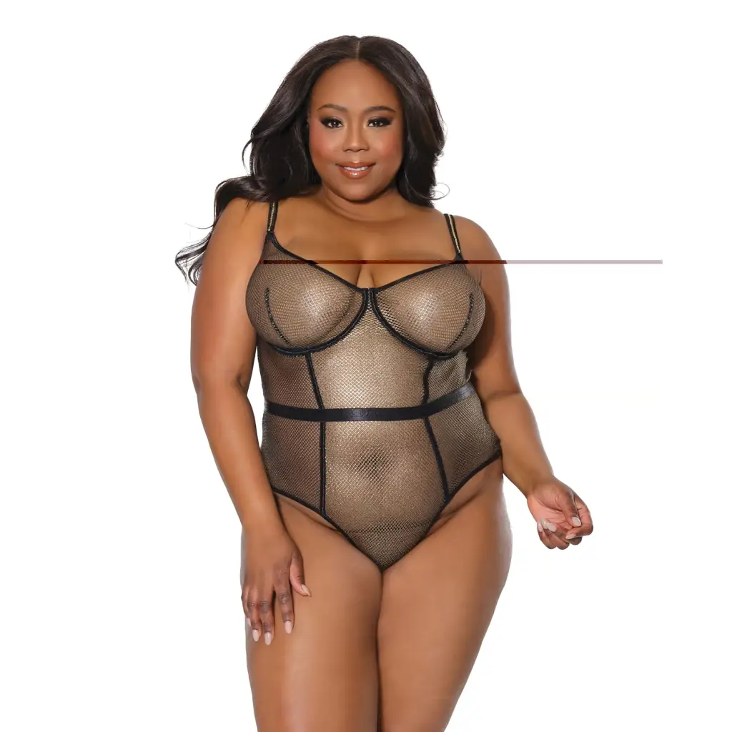 ’holiday Metallic Fishnet Teddy W/underwire Cups Black/gold 1x/2x - Teddy