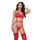 Holiday Metallic Stretch Lace Underwire Bra Garter Belt & G-string Red/silver - Lingerie Set