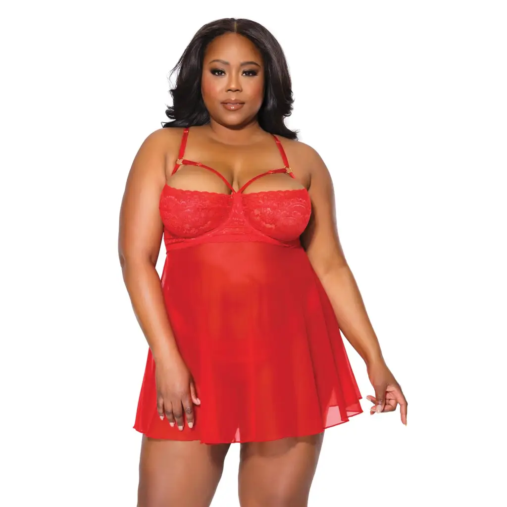 Holiday Scallop Stretch Lace & Mesh Babydoll & Thong Red/gold - 3x/4x - Babydoll