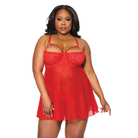 Holiday Scallop Stretch Lace & Mesh Babydoll & Thong Red/gold - 3x/4x - Babydoll