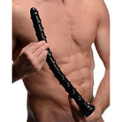 Hosed 18 Inch Swirl Anal Snake: Black silicone sex toy with long, ridged shaft