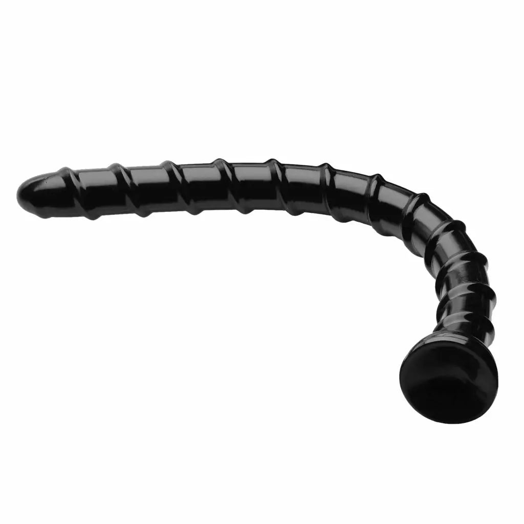 Hosed 18 Inch Swirl Anal Snake: Black, curved, segmented sex toy with rounded tip and base