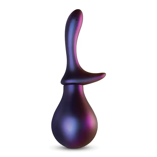 Iridescent purple and blue Hueman Nebula Anal Douche with curved shape and bulbous base