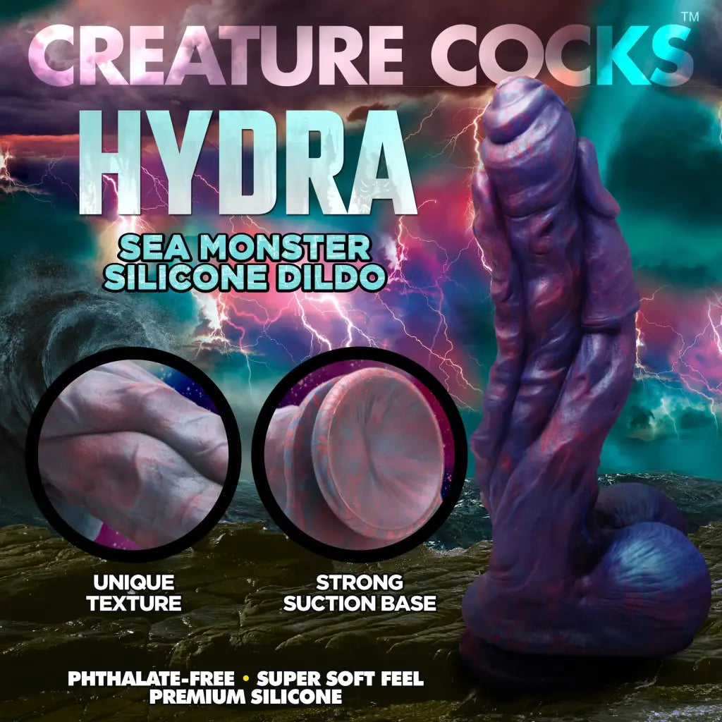 Hydra Sea Monster-themed purple silicone dildo with suction cup base for premium pleasure