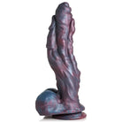 Elongated twisted sea monster silicone dildo with mottled purple and blue, suction cup base