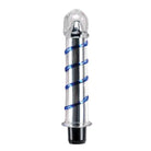 Hand blown glass vibrator: Cylindrical silver device with clear dome top and blue spiral accent