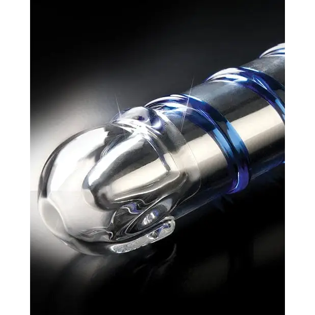 Hand blown glass sex toy featuring a bulbous end and blue accents from Icicles No. 20