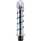 Hand blown glass vibrator with metallic body, clear cap, and blue spiral stripe